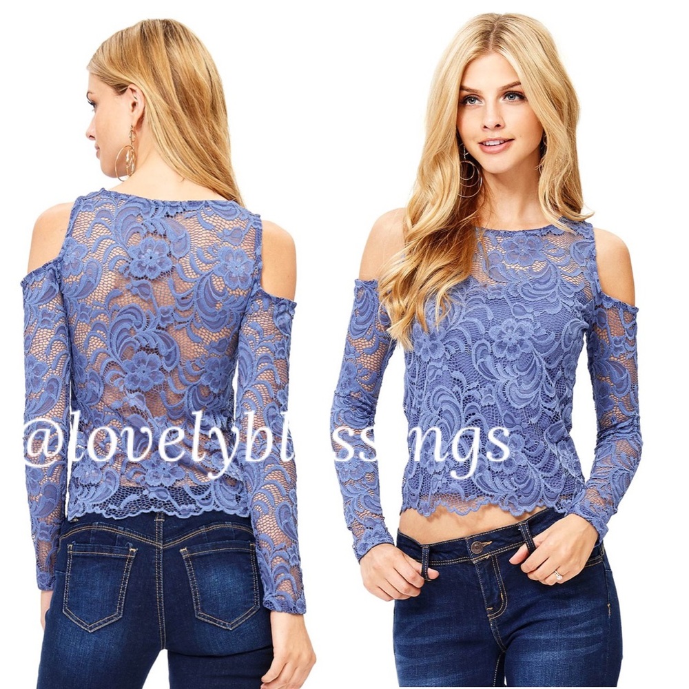 Bare Shoulder Lace Top Cut Out Cold Shoulder Long Sleeve Blouse Blue Size Small